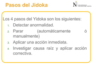 Los 4 pasos del Yidoka son los siguientes:
1. Detectar anormalidad.
2. Parar (automáticamente ó
manualmente)
3. Aplicar una acción inmediata.
4. Investigar causa raíz y aplicar acción
correctiva.
Pasos del Jidoka
 