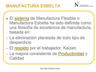  El sistema de Manufactura Flexible o
Manufactura Esbelta ha sido definida como
una filosofía de excelencia de manufactura,
basada en:
 La eliminación planeada de todo tipo de
desperdicio
 El respeto por el trabajador: Kaizen
 La mejora consistente de Productividad y
Calidad
MANUFACTURA ESBELTA
Ing° Odar Florián Castillo.
 