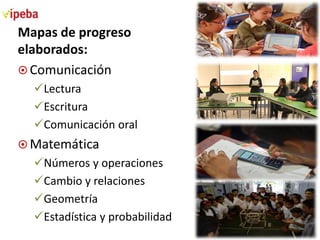 Mapas de progreso
elaborados:
 Comunicación
Lectura
Escritura
Comunicación oral
 Matemática

Números y operaciones
Cambio y relaciones
Geometría
Estadística y probabilidad

 