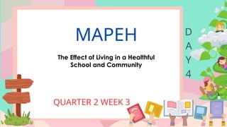 MAPEH
The Effect of Living in a Healthful
School and Community
QUARTER 2 WEEK 3
D
A
Y
4
 