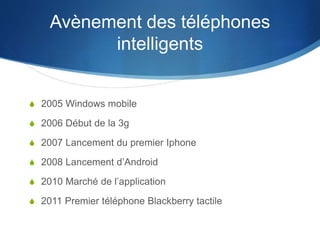 Avènement des téléphones 
intelligents 
S 2005 Windows mobile 
S 2006 Début de la 3g 
S 2007 Lancement du premier Iphone 
...