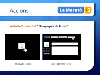 Accions	
 

Website/Comunitat	
 ”No	
 apaguis	
 els	
 llums”.	
 

	
 
                                                                  Campanya	
 	
    Multimèdia	
    Formulari	
 

	
                                                              Contacte:	
 



                                                                 Assumpte:	
 


                                        No	
 apaguis	
 	
 
                                        els	
 llums	
 




       interruptor	
 inicial	
 	
                            Inici	
 –	
 contingut	
 web	
 
 