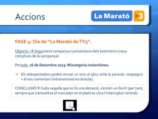 Accions	
 

FASE	
 4:	
 Dia	
 de	
 “La	
 Marató	
 de	
 TV3”.	
 
Objectiu	
 à	
 Seguiment	
 campanya	
 /	
 presentacio	
 dels	
 testimonis	
 (nous	
 
còmplices	
 de	
 la	
 campanya)	
 	
 

Periode:	
 16	
 de	
 Desembre	
 2013:	
 Missatgeria	
 instantànea.	
 	
 

à  Els	
 telespectadors	
 poden	
 enviar	
 un	
 sms	
 al	
 5612	
 amb	
 la	
 paraula	
 ·∙noapaguis	
 
       +	
 el	
 seu	
 comentari	
 (retransmissió	
 en	
 directe).	
 

CONCLUSIÓà	
 Cada	
  vegada	
  que	
  es	
  fa	
  una	
  donació,	
  s’encèn	
  un	
  llum!	
  (per	
  tant,	
 
sempre	
 que	
 s’actualitza	
 el	
 marcador	
 en	
 el	
 plató	
 es	
 clica	
 l’interruptor	
 central).	
 

	
 
 