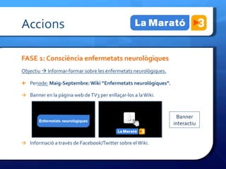 Accions	
 

FASE	
 1:	
 Consciència	
 enfermetats	
 neurològiques	
 
Objectiu	
 à	
 Informar-­‐formar	
 sobre	
 les	
 enfermetats	
 neurològiques.	
 	
 

Ê  Periode:	
 Maig-­‐Septembre:	
 Wiki	
 “Enfermetats	
 neurològiques”.	
 

à  Banner	
 en	
 la	
 pàgina	
 web	
 de	
 TV3	
 per	
 enllaçar-­‐los	
 a	
 la	
 Wiki.	
 



                                                                                                          Banner	
 
                                                                                                        interactiu	
 


à  Informació	
 a	
 travès	
 de	
 Facebook/Twitter	
 sobre	
 el	
 Wiki.	
 
 