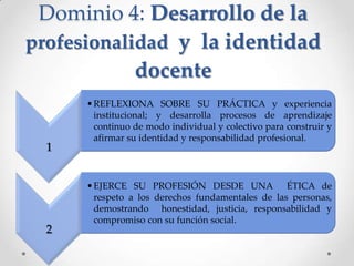 Dominio 4: Desarrollo de la
profesionalidad y la identidad
docente
1
•REFLEXIONA SOBRE SU PRÁCTICA y experiencia
institucional; y desarrolla procesos de aprendizaje
continuo de modo individual y colectivo para construir y
afirmar su identidad y responsabilidad profesional.
2
•EJERCE SU PROFESIÓN DESDE UNA ÉTICA de
respeto a los derechos fundamentales de las personas,
demostrando honestidad, justicia, responsabilidad y
compromiso con su función social.
 