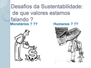 Desafios da Sustentabilidade:
 de que valores estamos
falando ?
Monetários ? ??   Humanos ? ??
 