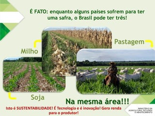 É FATO: enquanto alguns países sofrem para ter
uma safra, o Brasil pode ter três!
Soja
Milho
Pastagem
Na mesma área!!!
Foto: Jeromino Machado
Foto: Jeromino Machado
Isto é SUSTENTABILIDADE! É Tecnologia e é inovação! Gera renda
para o produtor!
 