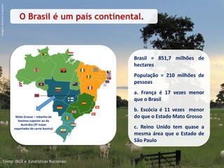 O Brasil é um país continental.
Brasil = 851,7 milhões de
hectares
População = 210 milhões de
pessoas
a. França é 17 vezes menor
que o Brasil
b. Escócia é 11 vezes menor
do que o Estado Mato Grosso
c. Reino Unido tem quase a
mesma área que o Estado de
São Paulo
Mato Grosso – rebanho de
bovinos superior ao da
Austrália (3º maior
exportador de carne bovina)
Imagem:MarianeCrespolini
Fonte: IBGE e Estatísticas Nacionais
 