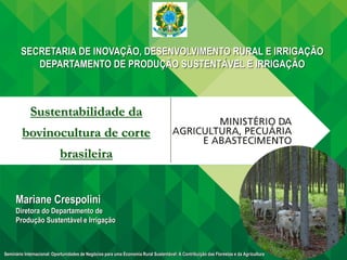 SECRETARIA DE INOVAÇÃO, DESENVOLVIMENTO RURAL E IRRIGAÇÃO
DEPARTAMENTO DE PRODUÇÃO SUSTENTÁVEL E IRRIGAÇÃO
Sustentabilidade da
bovinocultura de corte
brasileira
Seminário Internacional: Oportunidades de Negócios para uma Economia Rural Sustentável: A Contribuição das Florestas e da Agricultura
Mariane Crespolini
Diretora do Departamento de
Produção Sustentável e Irrigação
 