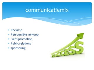 communicatiemix


Reclame
Persoonlijke verkoop
Sales promotion
Public relations
sponsoring
 