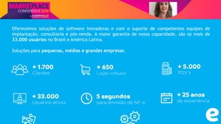Nome do Palestrante
Oferecemos soluções de software inovadoras e com o suporte de competentes equipes de
implantação, consultoria e pós-venda. A maior garantia de nossa capacidade, são os mais de
33.000 usuários no Brasil e América Latina.
Soluções para pequenas, médias e grandes empresas.
 