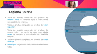 Nome do Palestrante
Logística Reversa
• Troca do produto comprado por produto do
mesmo valor e somente após a mercadoria
ser recebida na empresa.
• Troca do produto comprado por produto de valor
superior.
• Troca do produto comprado por produto do
mesmo valor com envio da nova mercadoria
antes da mercadoria com defeito ser recebida
empresa.
• Troca do produto comprado por produto de valor
inferior.
• Devolução do produto comprado com reembolso
valor.
 