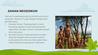 ZAMAN NEOZOIKUM
Zaman ini berlangsung kira-kira 60 juta tahun
yang lalu. Zaman ini juga dibagi menjadi dua
periode yaitu:
1. Periode Tersier: Pada periode ini jenis
binatang raksasa mulai berkurang dan
digantikan dengan hewan mamalia seperti
kera, dan paus
2. Periode Kuarter: Pada periode ini sudah
ditandai dengan kemunculan manusi
purba pertama di dunia. Dan pada masa
inilah terbentuk kepulauan Indonesia.
 
