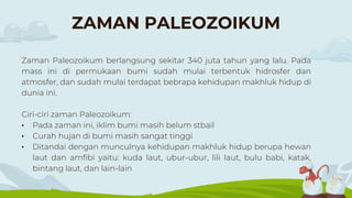 ZAMAN PALEOZOIKUM
Zaman Paleozoikum berlangsung sekitar 340 juta tahun yang lalu. Pada
mass ini di permukaan bumi sudah mulai terbentuk hidrosfer dan
atmosfer, dan sudah mulai terdapat bebrapa kehidupan makhluk hidup di
dunia ini.
Ciri-ciri zaman Paleozoikum:
• Pada zaman ini, iklim bumi masih belum stbail
• Curah hujan di bumi masih sangat tinggi
• Ditandai dengan munculnya kehidupan makhluk hidup berupa hewan
laut dan amfibi yaitu: kuda laut, ubur-ubur, lili laut, bulu babi, katak,
bintang laut, dan lain-lain
 