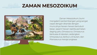 ZAMAN MESOZOIKUM
Zaman Mesozoikum, bumi
mengalami perkembangan yang sangat
cepat dengan ditandai dengan
munculnya hewan-hewan bertubuh
besar, seperti hewan reptilia pemakan
daging yaitu Dinosaurus. Dinosaurus
berkuasa di daratan, sedangkan
Ichtiyosaurus, berburu di lautan, dan
Pterosaurus merajai angkasa
 