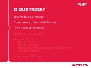 MASTER 72h
O QUE FAZER?
Seja Produto do Produto
Conecte-se a Universidade Hinode
Fazer a Lista de Contatos
Marcar de 10 a 15 Visitas
Mostrar o Plano
	 - Reunião 1 a 1
	 - Reunião em Casa
	 - Reunião de Apresentação de negócios (APN)
	 - Eventos Regionais
Fazer isso em 72 Horas
 