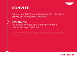 MASTER 72h
CONVITE
Pode ser por telefone ou pessoalmente, mas faça o
convite em no máximo 3 minutos.
IMPORTANTE:
Seu papel é convidá-lo/a e não apresentar a
oportunidade por telefone
Nestes minutos, você deve aguçar a curiosidade do
convidado.
 