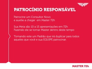 Patrocine um Consultor Novo
e auxilie a chegar em Master 72h
Sua Meta são 10 a 15 apresentações em 72h
Fazendo ele se tornar Master dentro deste tempo
Tornando este um Padrão que irá duplicar para todos
aqueles que você e sua EQUIPE patrocinar.
PATROCÍNIO RESPONSÁVEL
MASTER 72h
 