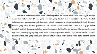 Struktur kristal material dapat dikelompokkan ke dalam salah satu dari tujuh sistem
dasar dan diatur dalam 14 cara yang berbeda, yang disebut kisi Bravais (Gb. 1.1). Perlu dicatat
bahwa satuan panjang tepi sel dan sudut aksial yang unik untuk setiap bahan kristal. Dimensi
Kristal yang unik disebut parameter kisi. Sudut aksial selain 90 ° atau 120 ° juga dapat
berubah sedikit dengan perubahan dalam komposisi. Ketika kisi sel satuan tidak sama di semua
tiga arah, semua panjang yang tidak sama harus dinyatakan secara benar untuk mendefinisikan
sistem kristal. Hal yang sama juga berlaku untuk semua sudut aksial tidak sama seperti dalam
Tabel 1.1.
 