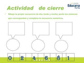 Actividad  de cierre Dibuja tu propia secuencia de día, tarde y noche, ponle los números que correspondan y completa la secuencia numérica . O 2 4 6 8 10 