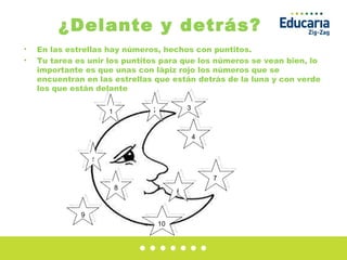 ¿Delante y detrás? En las estrellas hay números, hechos con puntitos. Tu tarea es unir los puntitos para que los números se vean bien, lo importante es que unas con lápiz rojo los números que se encuentran en las estrellas que están detrás de la luna y con verde los que están delante 1 2 3 4 5 6 7 8 9 10 