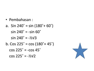 • Pembahasan :
a. Sin 240˚ = sin (180˚+ 60˚)
sin 240˚ = -sin 60˚
sin 240˚ = -½√3
b. Cos 225˚ = cos (180˚+ 45˚)
cos 225˚ = -cos 45˚
cos 225˚ = -½√2
 