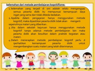 1. kelemahan yang terjadi di sini adalah selalu menganggap
semua peserta didik itu mempunyai kemampuan daya
ingat yang sama dan tidak dibeda-bedakan.
2.Apabila dalam pengajaran hanya menggunakan metode
kognitif, maka dipastikan peserta didik tidak akan mengerti
sepenuhnya materi yang diberikan .
3. Jika dalam sekolah kejuruan hanya menggunakan metode
kognitif tanpa adanya metode pembelajaran lain maka
peserta didik akan kesulitan dalam praktek kegiatan atau
materi.
4.Dalam menerapkan metode pembelajran kognitif perlu d
iperhatikan kemampuan peserta didik untuk
mengembangkan suatu materi yang telah diterimanya.
kelemahan dari metode pembelajaran kognitifisme:
 