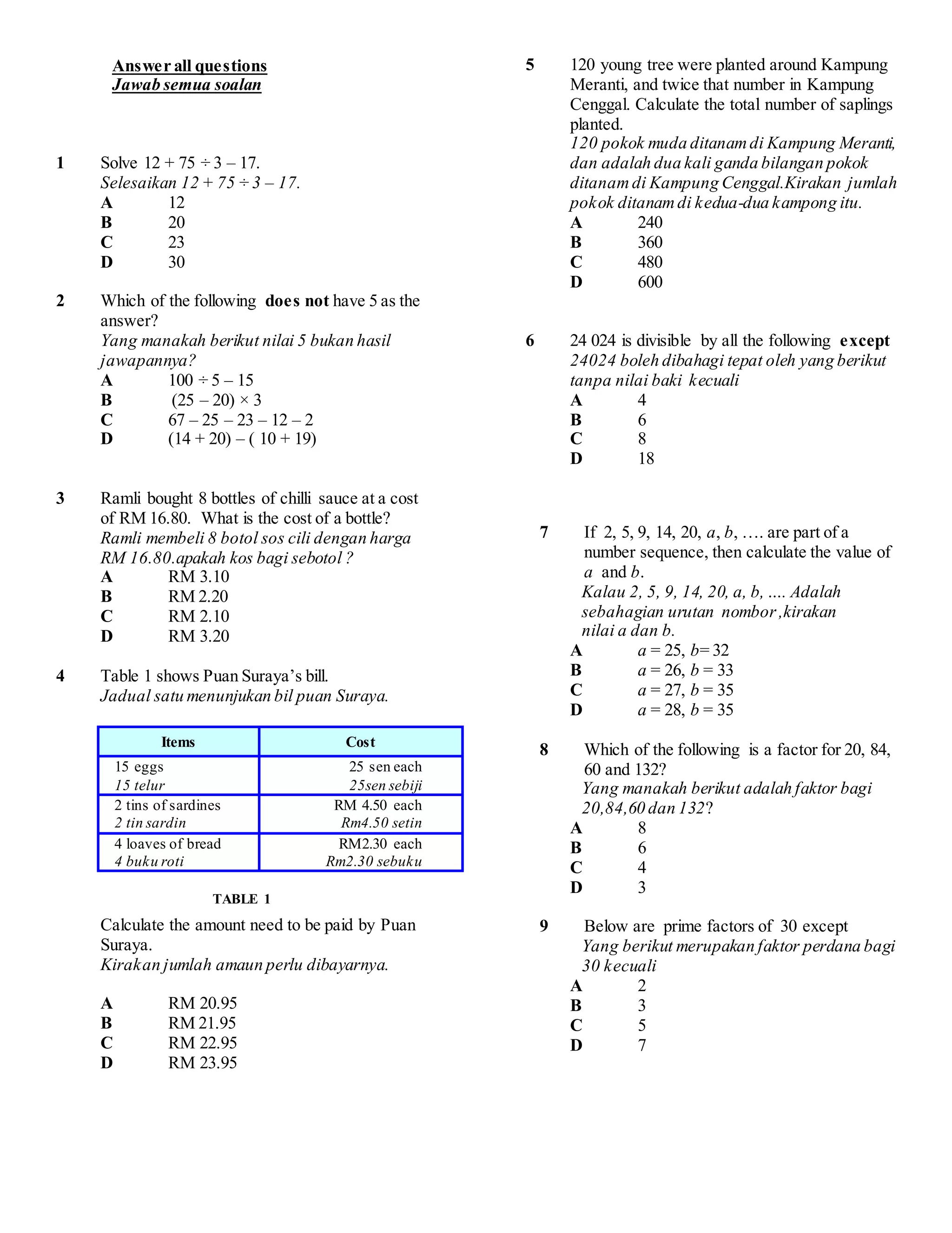 Soalan Math Intenger Ppt matematik ting 1 2014 | DOCX