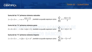 Suma de los “n” primeros números naturales
1 + 2 + 3 + … + 𝑛 =
𝑛(𝑛 + 1)
2
, también se puede expresar como ෍
𝑥=1
𝑛
𝑥 =
𝑛(𝑛 + 1)
2
Suma de los “n” primeros números pares
2 + 4 + 6 + … + 2𝑛 = 𝑛(𝑛 + 1) , también se puede expresar como ෍
𝑥=1
𝑛
2𝑥 = 𝑛(𝑛 + 1)
Suma de los “n” primeros números impares
1 + 3 + 5 + … + (2𝑛 − 1) = 𝑛2 , también se puede expresar como ෍
𝑥=1
𝑛
(2𝑥 − 1) = 𝑛2
TEMA 01 – SUMATORIA
 