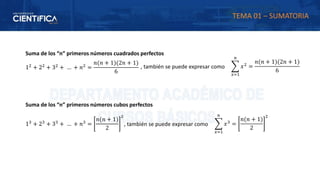 Suma de los “n” primeros números cuadrados perfectos
12
+ 22
+ 32
+ … + 𝑛2
=
𝑛(𝑛 + 1)(2𝑛 + 1)
6
, también se puede expresar como ෍
𝑥=1
𝑛
𝑥2
=
𝑛(𝑛 + 1)(2𝑛 + 1)
6
Suma de los “n” primeros números cubos perfectos
13
+ 23
+ 33
+ … + 𝑛3
=
𝑛(𝑛 + 1)
2
2
, también se puede expresar como ෍
𝑥=1
𝑛
𝑥3
=
𝑛(𝑛 + 1)
2
2
TEMA 01 – SUMATORIA
 