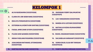 KELOMPOK 1
1. ALYA NURZAHIRA (1203311056)
2. CLARA EFLI BR SEBAYANG (1203311054)
3. DEA AYU PERAMUDIYA (1203311088)
4. ESTERINA ALVIONITA BR GINTING (1203311066)
5. FAISAL AMRI ZIKRI SITEPU (1203311005)
6. FILZAH AINI WIANDA (1203311099)
7. INDAH FADLIANI PASARIBU (1203311048)
8. JUNJUNGAN NATANAEL SITANGGANG
(1203311120)
9. KARTIKA RATNA SARI (1203311115)
10. KHOIRANI FEBRY DALIMUNTHE
(1203311071)
11. LELY ANGGRAINI (1203311009)
12. NANDA AYU LESTARI (1203311002)
13. NATHALIA HIZKIA RUMAHORBO
(1203311004)
14. RAHEL INSANIAR MANIK (1203311076)
15. SALSABILAH HARAHAP (1203311013)
16. SONIA ENJEL ELGA BR TARIGAN
(1203311024)
17. YUNITA RAHMA SIREGAR (1203311095)
 
