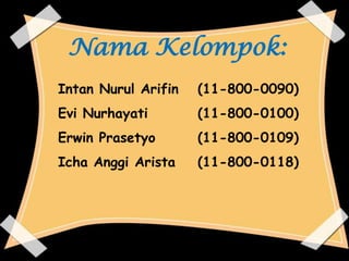 Nama Kelompok:
Intan Nurul Arifin

(11-800-0090)

Evi Nurhayati

(11-800-0100)

Erwin Prasetyo

(11-800-0109)

Icha Anggi Arista

(11-800-0118)

 