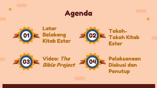 Agenda
01
03
02
04
Latar
Belakang
Kitab Ester
Tokoh-
Tokoh Kitab
Ester
Video: The
Bible Project
Pelaksanaan
Diskusi dan
Penutup
 