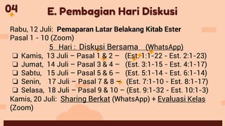 E. Pembagian Hari Diskusi
04
Rabu, 12 Juli: Pemaparan Latar Belakang Kitab Ester
Pasal 1 - 10 (Zoom)
5 Hari : Diskusi Bersama (WhatsApp)
❏ Kamis, 13 Juli – Pasal 1 & 2 – (Est. 1:1-22 - Est. 2:1-23)
❏ Jumat, 14 Juli – Pasal 3 & 4 – (Est. 3:1-15 - Est. 4:1-17)
❏ Sabtu, 15 Juli – Pasal 5 & 6 – (Est. 5:1-14 - Est. 6:1-14)
❏ Senin, 17 Juli – Pasal 7 & 8 – (Est. 7:1-10 - Est. 8:1-17)
❏ Selasa, 18 Juli – Pasal 9 & 10 – (Est. 9:1-32 - Est. 10:1-3)
Kamis, 20 Juli: Sharing Berkat (WhatsApp) + Evaluasi Kelas
(Zoom)
 