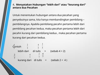 4. Menyatakan Hubungan “lebih dari” atau “keurang dari”
antara dua Pecahan
Untuk menentukan hubungan antara dua pecahan yang
penyebutnya sama, kita hanya membandingkan pembilang –
pembilangnya. Apabila pembilang pecahn pertama lebih dari
pembilang pecahan kedua, maka pecahan pertama lebih dari
pecahn kurang dari pembilang kedua , maka pecahan pertama
kurang dari pecahan kedua.
Contoh
lebih dari di tulis > (sebab 4 > 2)
kurang dari di tulis < (sebab 2 < 4 )
5
4
5
2
5
4
5
2
7
2
7
4
7
2
7
4
 