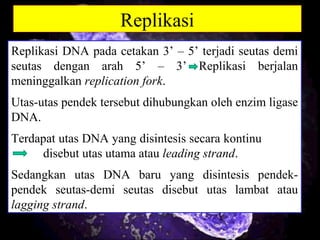 Replikasi
Replikasi DNA pada cetakan 3’ – 5’ terjadi seutas demi
seutas dengan arah 5’ – 3’ Replikasi berjalan
meninggalkan replication fork.
Utas-utas pendek tersebut dihubungkan oleh enzim ligase
DNA.
Terdapat utas DNA yang disintesis secara kontinu
disebut utas utama atau leading strand.
Sedangkan utas DNA baru yang disintesis pendek-
pendek seutas-demi seutas disebut utas lambat atau
lagging strand.
 