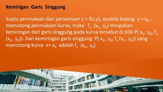 Kemirigan Garis Singgung
Suatu permukaan dari persamaan z = f(x,y), apabila bidang y = y0 ,
memotong permukaan kurva, maka fx (x0 , y0) mrupakan
kemiringan dari garis singgung pada kurva tersebut di titik P( x0 , y0, fx
(x0 , y0)). Dan kemiringan garis singgung P( x0 , y0, fx (x0 , y0)) yang
memotong kurva x= x0 adalah fx (x0 , y0)
 