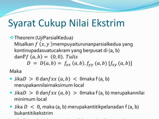 Syarat Cukup Nilai Ekstrim
Theorem (UjiParsialKedua)
Misalkan 𝑓 𝑥, 𝑦 mempuyaiturunanparsialkedua yang
kontinupadasuatucakram yang berpusat di (a, b)
dan𝛻𝑓 𝑎, 𝑏 = 0, 0 . 𝑇𝑢𝑙𝑖𝑠
𝐷 = 𝐷 𝑎, 𝑏 = 𝑓𝑥𝑥 𝑎, 𝑏 . 𝑓𝑦𝑦 (𝑎, 𝑏) [𝑓𝑥𝑦 (𝑎, 𝑏)]
Maka
 Jika𝐷 > 0 dan𝑓𝑥𝑥 (𝑎, 𝑏) < 0maka f (a, b)
merupakannilaimaksimum local
 Jika𝐷 > 0 dan𝑓𝑥𝑥 (𝑎, 𝑏) > 0maka f (a, b) merupakannilai
minimum local
 Jika 𝐷 < 0, maka (a, b) merupakantitikpelanadan f (a, b)
bukantitikekstrim
 