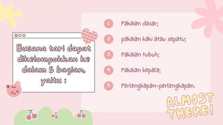 Busana tari dapat
Busana tari dapat
dikelompokkan ke
dikelompokkan ke
dalam 5 bagian,
dalam 5 bagian,
yaitu :
yaitu :
Pakaian dasar;
1
pakaian kaki atau sepatu;
2
Pakaian kepala;
4
Pakaian tubuh;
3
Perlengkapan-perlengkapan.
5
 