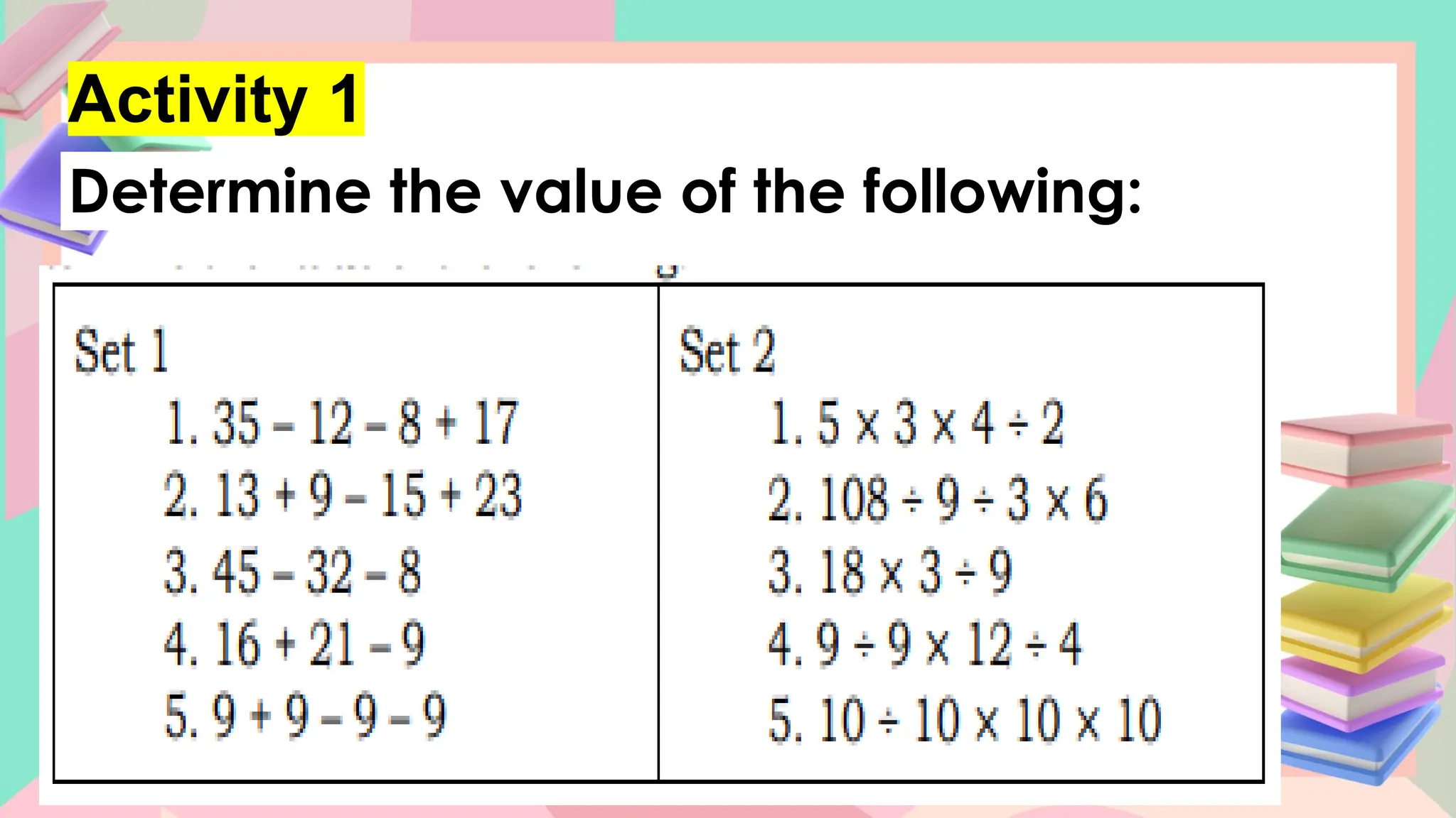 Activity 1
Determine the value of the following:
 