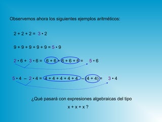 Observemos ahora los siguientes ejemplos aritméticos:
2 + 2 + 2 = 3 • 2
6 + 6 + 6 + 6 + 6 =2 • 6 + 3 • 6 = 5 • 6
9 + 9 + 9 + 9 + 9 = 5 • 9
5 • 4 – 2 • 4 = 3 • 44 + 4 + 4 + 4 + 4 – (4 + 4) =
¿Qué pasará con expresiones algebraicas del tipo
x + x + x ?
 