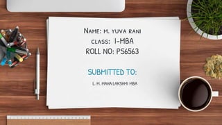 Name: m. yuva rani
class: I-MBA
ROLL NO: PS6563
SUBMITTED TO:
L. M. MAHA LAKSHMI MBA
 