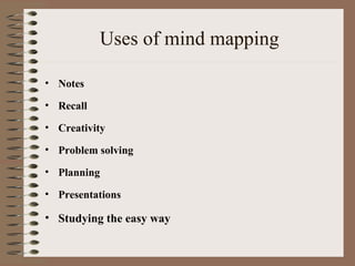 Uses of mind mapping Notes Recall Creativity Problem solving Planning Presentations Studying the easy way 