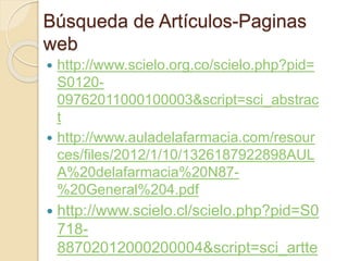 Búsqueda de Artículos-Paginas
web
 http://www.scielo.org.co/scielo.php?pid=
S0120-
09762011000100003&script=sci_abstrac
t
 http://www.auladelafarmacia.com/resour
ces/files/2012/1/10/1326187922898AUL
A%20delafarmacia%20N87-
%20General%204.pdf
 http://www.scielo.cl/scielo.php?pid=S0
718-
88702012000200004&script=sci_artte
 