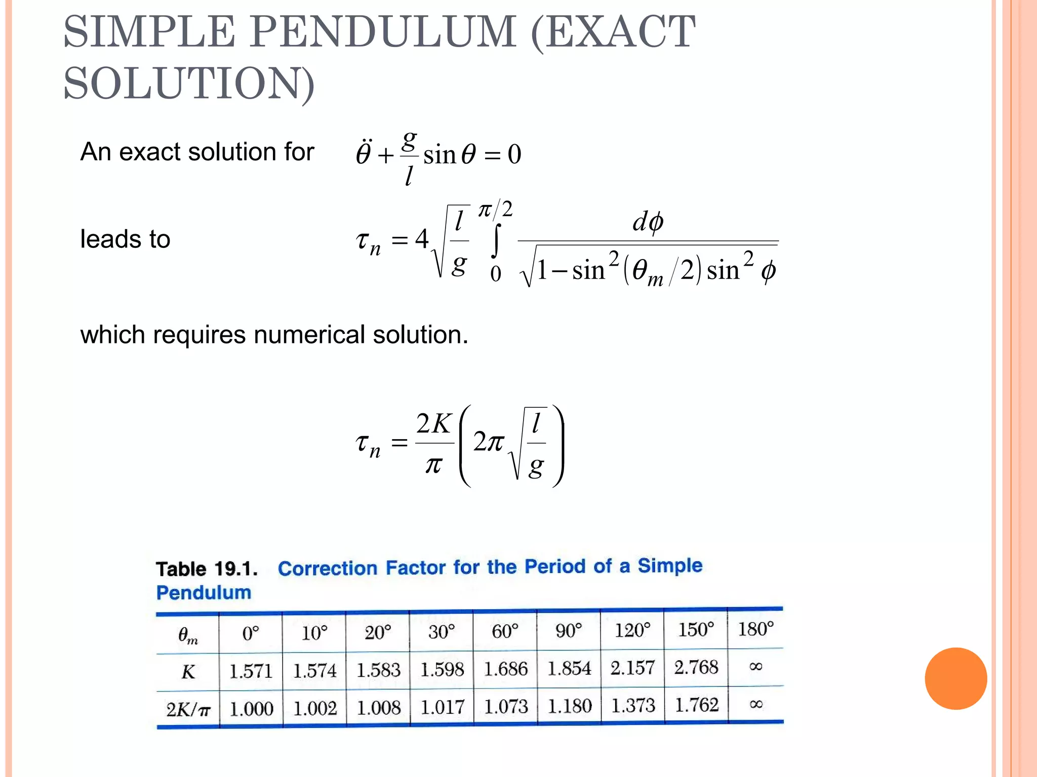SIMPLE PENDULUM (EXACT
SOLUTION)
19 - 41
0sin =+ θθ
l
gAn exact solution for
leads to
( )
∫
−
=
2
0
22
sin2sin1
4
π
φθ
φ
τ
m
n
d
g
l
which requires numerical solution.






=
g
lK
n π
π
τ 2
2
 