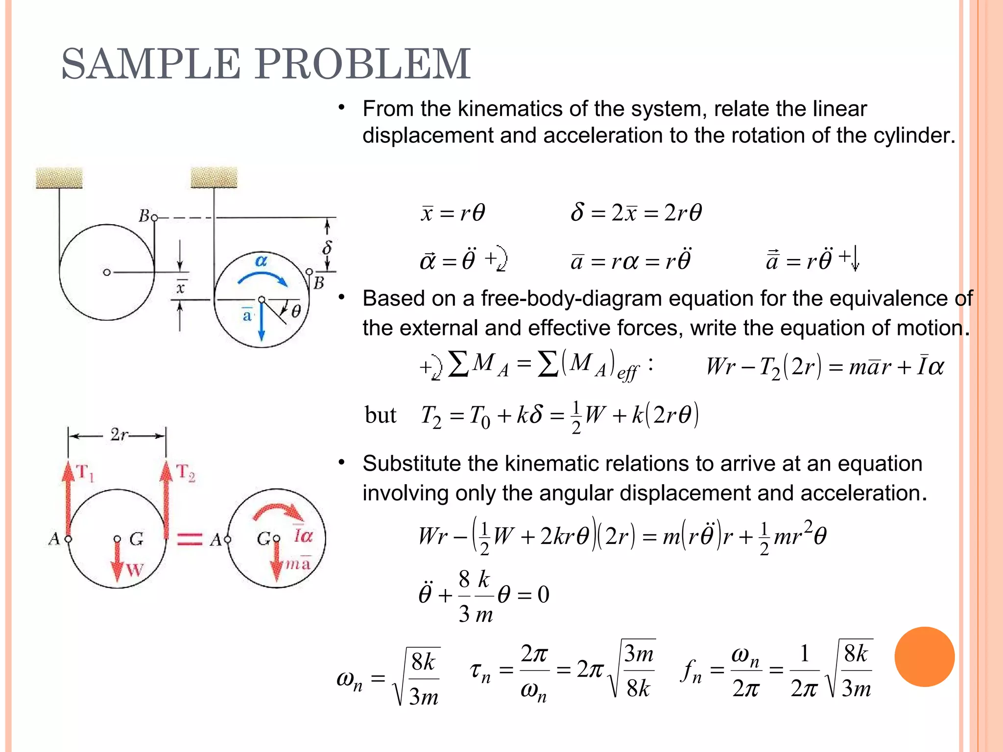 SAMPLE PROBLEM
19 - 47
• From the kinematics of the system, relate the linear
displacement and acceleration to the rotation of the cylinder.
θrx = θδ rx 22 ==
θα rra ==θα 
= θ
ra =
• Based on a free-body-diagram equation for the equivalence of
the external and effective forces, write the equation of motion.
( ) :∑∑ = effAA MM ( ) αIramrTWr +=− 22
( )θδ rkWkTT 2but 2
1
02 +=+=
• Substitute the kinematic relations to arrive at an equation
involving only the angular displacement and acceleration.
( )( ) ( )
0
3
8
22 2
2
1
2
1
=+
+=+−
θθ
θθθ
m
k
mrrrmrkrWWr


m
k
n
3
8
=ω k
m
n
n
8
3
2
2
π
ω
π
τ ==
m
k
f n
n
3
8
2
1
2 ππ
ω
==
 