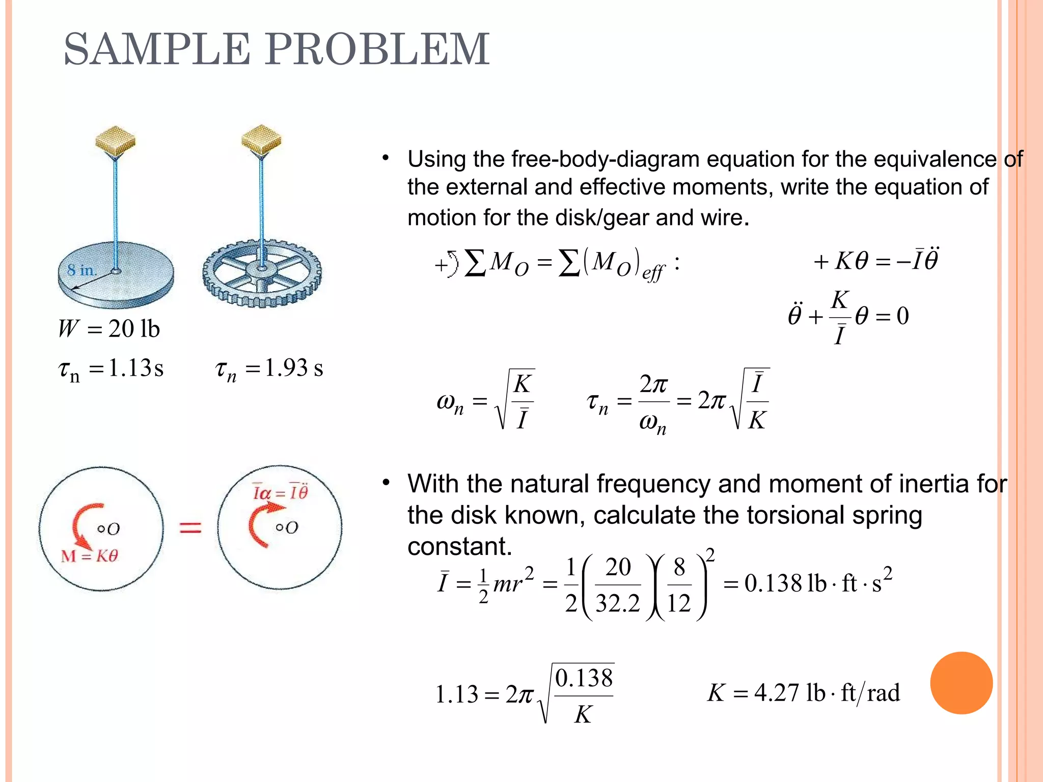 SAMPLE PROBLEM
19 - 49
s13.1
lb20
n =
=
τ
W
s93.1=nτ
• Using the free-body-diagram equation for the equivalence of
the external and effective moments, write the equation of
motion for the disk/gear and wire.
( ) :∑∑ = effOO MM
0=+
−=+
θθ
θθ
I
K
IK


K
I
I
K
n
nn π
ω
π
τω 2
2
===
• With the natural frequency and moment of inertia for
the disk known, calculate the torsional spring
constant.
2
2
2
2
1 sftlb138.0
12
8
2.32
20
2
1
⋅⋅=











== mrI
K
138.0
213.1 π= radftlb27.4 ⋅=K
 