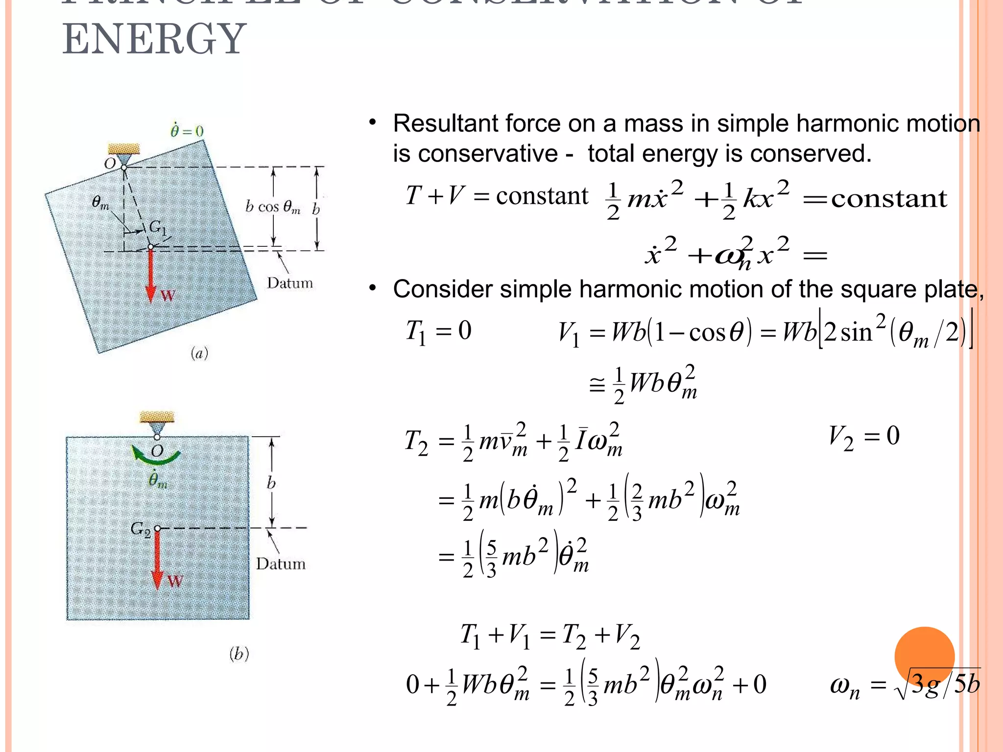 PRINCIPLE OF CONSERVATION OF
ENERGY
19 - 51
• Resultant force on a mass in simple harmonic motion
is conservative - total energy is conserved.
constant=+VT
=+
=+
222
2
2
12
2
1 constant
xx
kxxm
nω

• Consider simple harmonic motion of the square plate,
01 =T ( ) ( )[ ]
2
2
1
2
1 2sin2cos1
m
m
Wb
WbWbV
θ
θθ
≅
=−=
( ) ( )
( ) 22
3
5
2
1
22
3
2
2
12
2
1
2
2
12
2
1
2
m
mm
mm
mb
mbbm
IvmT
θ
ωθ
ω


=
+=
+= 02 =V
( ) 00 222
3
5
2
12
2
1
2211
+=+
+=+
nmm mbWb
VTVT
ωθθ bgn 53=ω
 