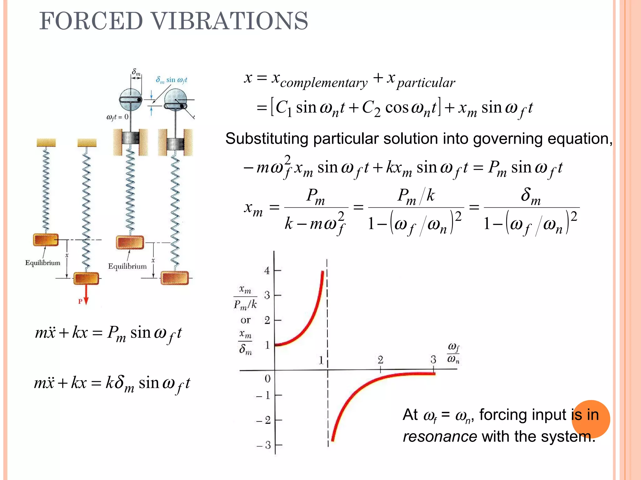 FORCED VIBRATIONS
19 - 56
[ ] txtCtC
xxx
fmnn
particulararycomplement
ωωω sincossin 21 ++=
+=
( ) ( )222
11 nf
m
nf
m
f
m
m
kP
mk
P
x
ωω
δ
ωωω −
=
−
=
−
=
tkkxxm fm ωδ sin=+
tPkxxm fm ωsin=+
At ωf = ωn, forcing input is in
resonance with the system.
tPtkxtxm fmfmfmf ωωωω sinsinsin2
=+−
Substituting particular solution into governing equation,
 