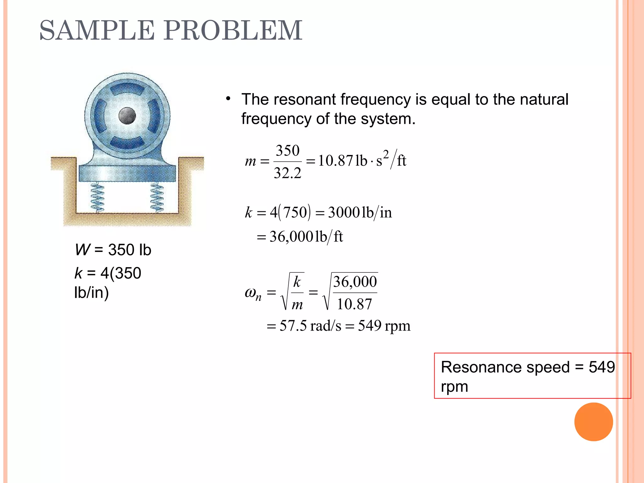 SAMPLE PROBLEM
19 - 58
• The resonant frequency is equal to the natural
frequency of the system.
ftslb87.10
2.32
350 2
⋅==m
( )
ftlb000,36
inlb30007504
=
==k
W = 350 lb
k = 4(350
lb/in)
rpm549rad/s5.57
87.10
000,36
==
==
m
k
nω
Resonance speed = 549
rpm
 